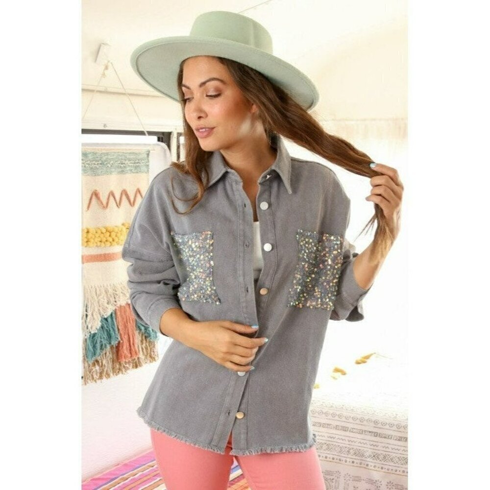 Cowgirl State of Mind Sequin Shacket in Grey - Picture 5 of 7